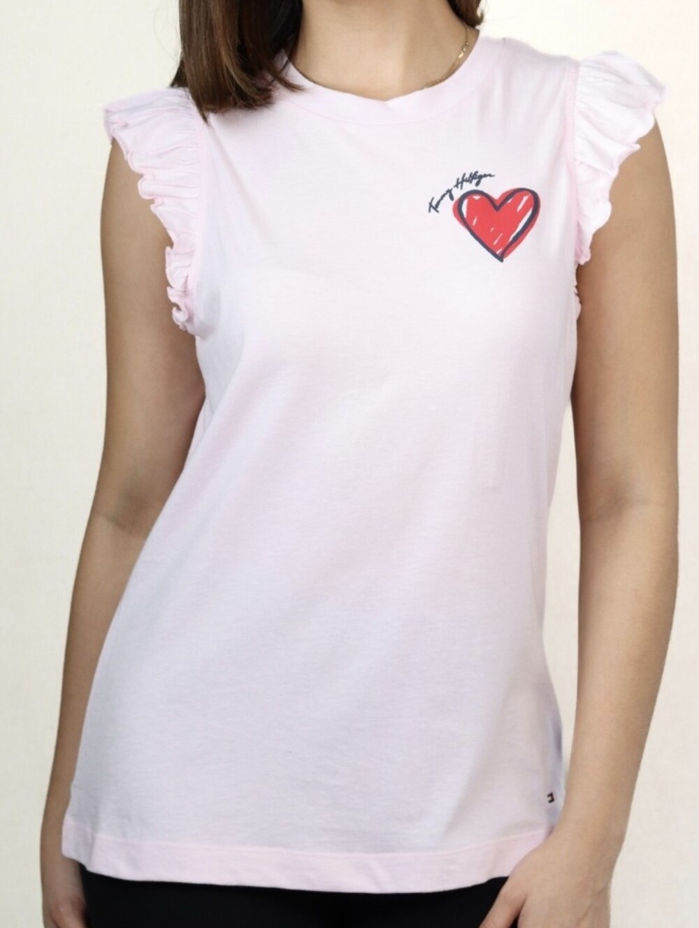 Tommy Hilfiger 100% Cotton Ruffled Pink Tank Top with Heart Graphic, size M